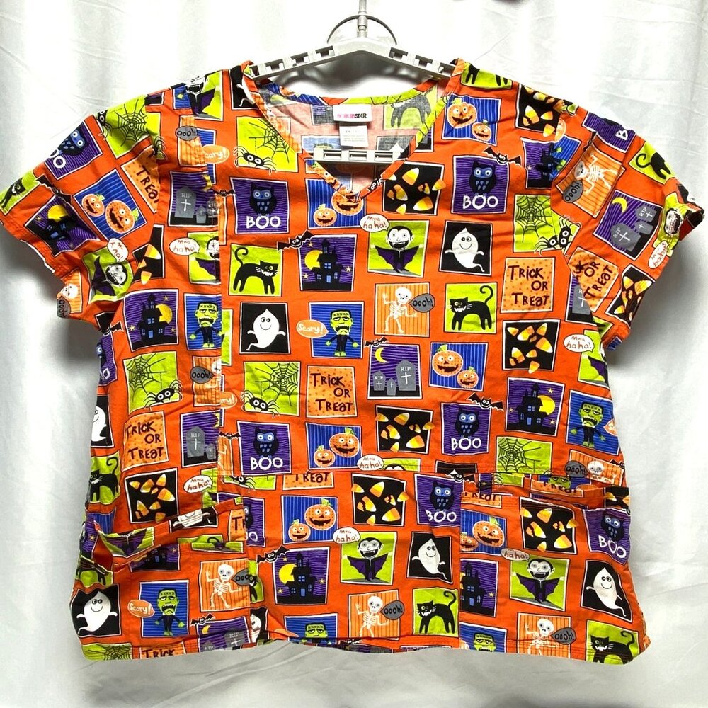 Halloween-Themed ScrubStar 3X/3XG V-Neck Cotton Scrub Top With Pockets